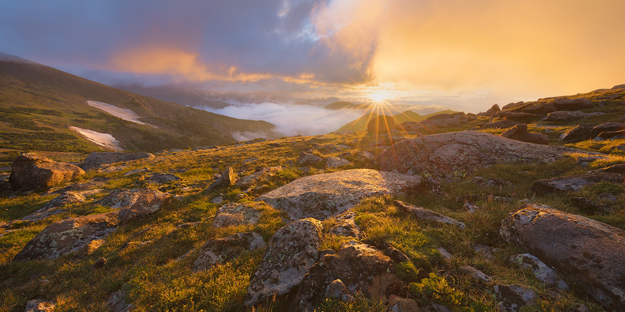 A photograph of a beautiful sunrise on the tundra landscape of Rocky Mountain National Park in Colorado. - Colorado Photography
