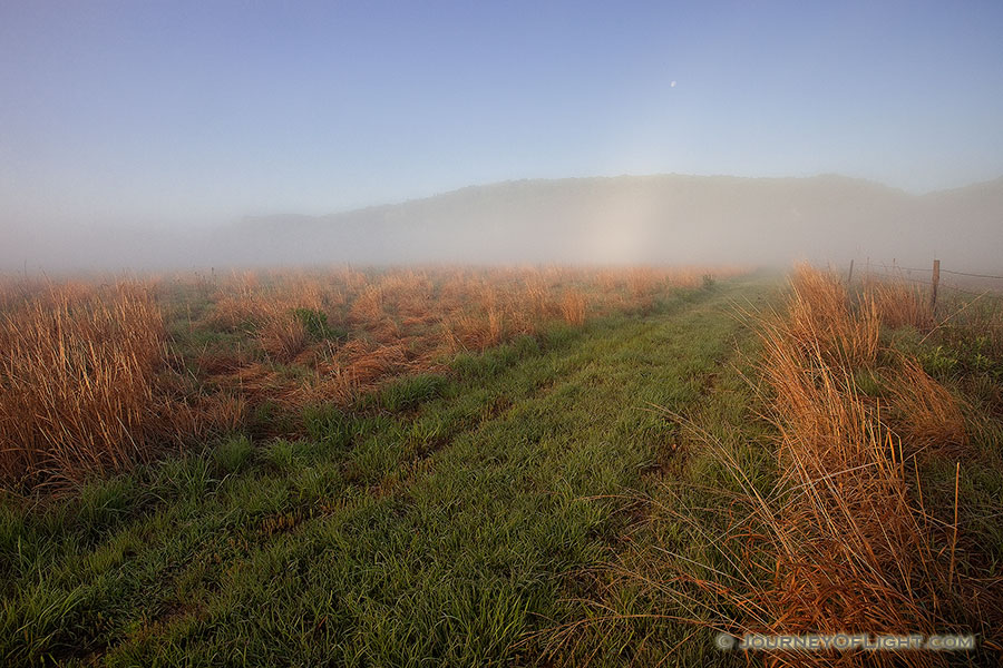 In the early morning at Ponca State Park, the setting moon descends into the fog rising from the prairie. - Ponca SP Photography