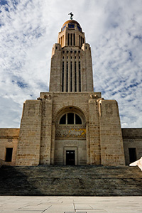 A view of the eastern face of the Nebraska state capitol building in Lincoln. - Nebraska Photograph