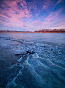 In early winter, sunrise hits the landscape illuminating the forming ice on the lake at DeSoto National Wildlife Refuge.   In late November, when I was showing at the Art of the Wild show at DeSoto National Wildlife Refuge, I arrived early, about a half hour before sunset and made my way down to the lake.  On this particularly cold day I setup my tripod and waited for the rising sun to illuminate the landscape.  In the few minutes before sunrise I quietly watched the activity all over the lake -  geese and ducks flew overhead and a single Bald Eagle made his way down the lake.  In the minute before sunrise it seemed that all the activity stopped briefly and the sun began to illuminate the far shore.  Then just as quickly as the activity had stopped, it started again and the ducks and geese flew into the morning light. - Nebraska Landscape Photograph