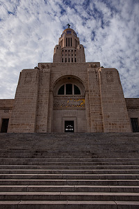 The Nebraska state capitol building in Lincoln, completed in 1932 is built with Indiana limestone and contained several design innovations for the time.  This building houses the only state unicameral type government in the United States. - Nebraska Photograph