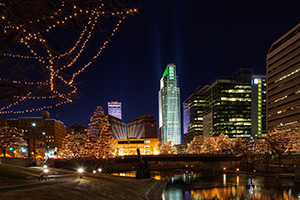 Downtown Omaha Celebrates the Holiday Lights Festival by putting holiday lights up in the downtown area around Gene Leahy Mall. - Nebraska Landscape Photograph